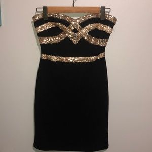Black Strapless Cocktail Dress w/Gold Sequins-Med